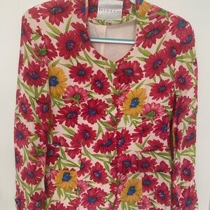 Klaxon 100% Washable Silk Floral Pink Red & Yellow Blazer Jacket Gold Buttons